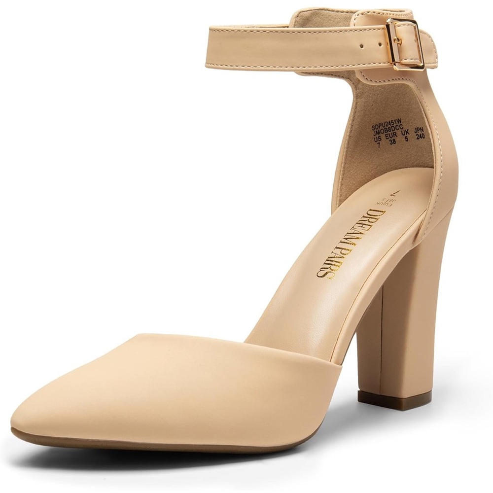 Beige Ankle Strap Close Toed Heels